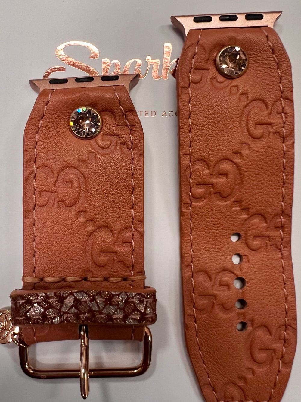 Spark*l band GG Coral Pink Leather Watch Strap with Vintage Rose Crystal Accent - Picture 3 of 5